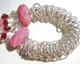 Argent sterling et Viper Rhodonite échelle Chainmaille Bracelet