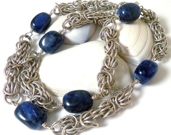 Trizantine Blues Sterling Silver Chainmaille Necklace