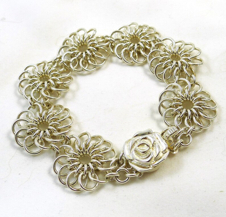 Sterling Silver Chrysanthemum Chainmaille Bracelet image 1