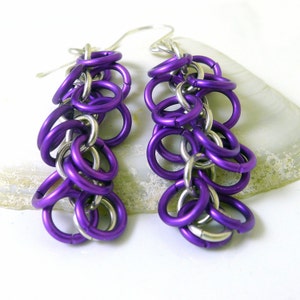 Sterling Silver and Purple Aluminium Shaggy Chainmaille Earrings image 1