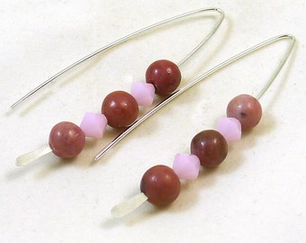 Rhodonite and Crystal V Style Sterling Silver Earrings