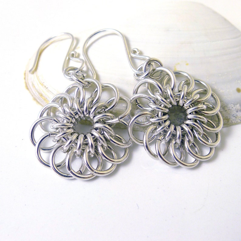Sterling Silver Chrysanthemum Chainmaille Earrings Etsy