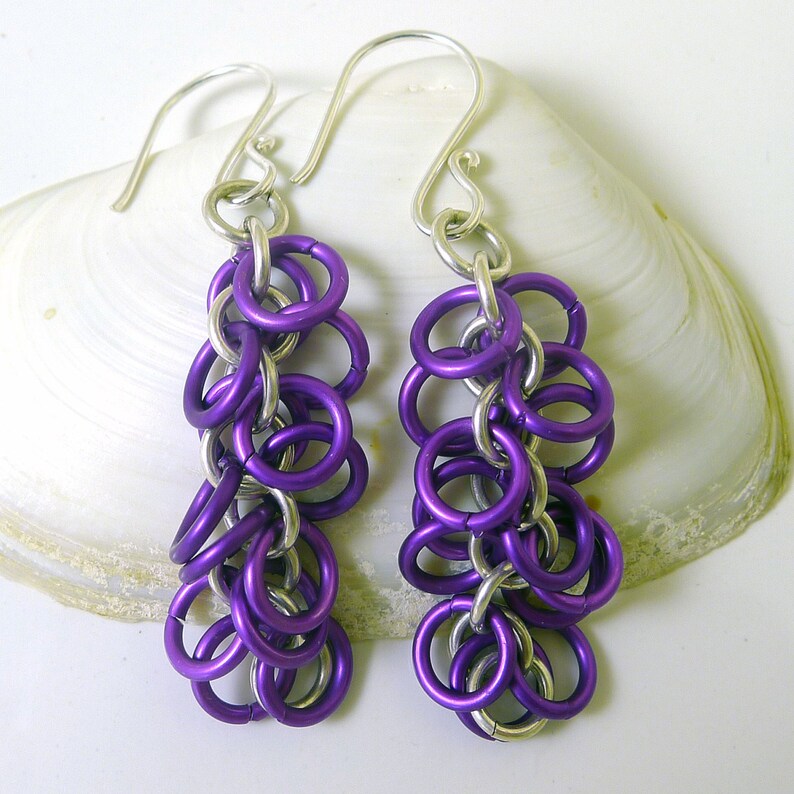 Sterling Silver and Purple Aluminium Shaggy Chainmaille Earrings image 4