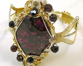 Eudialyte and Garnet Sterling Silver and 14k Gold Bangle