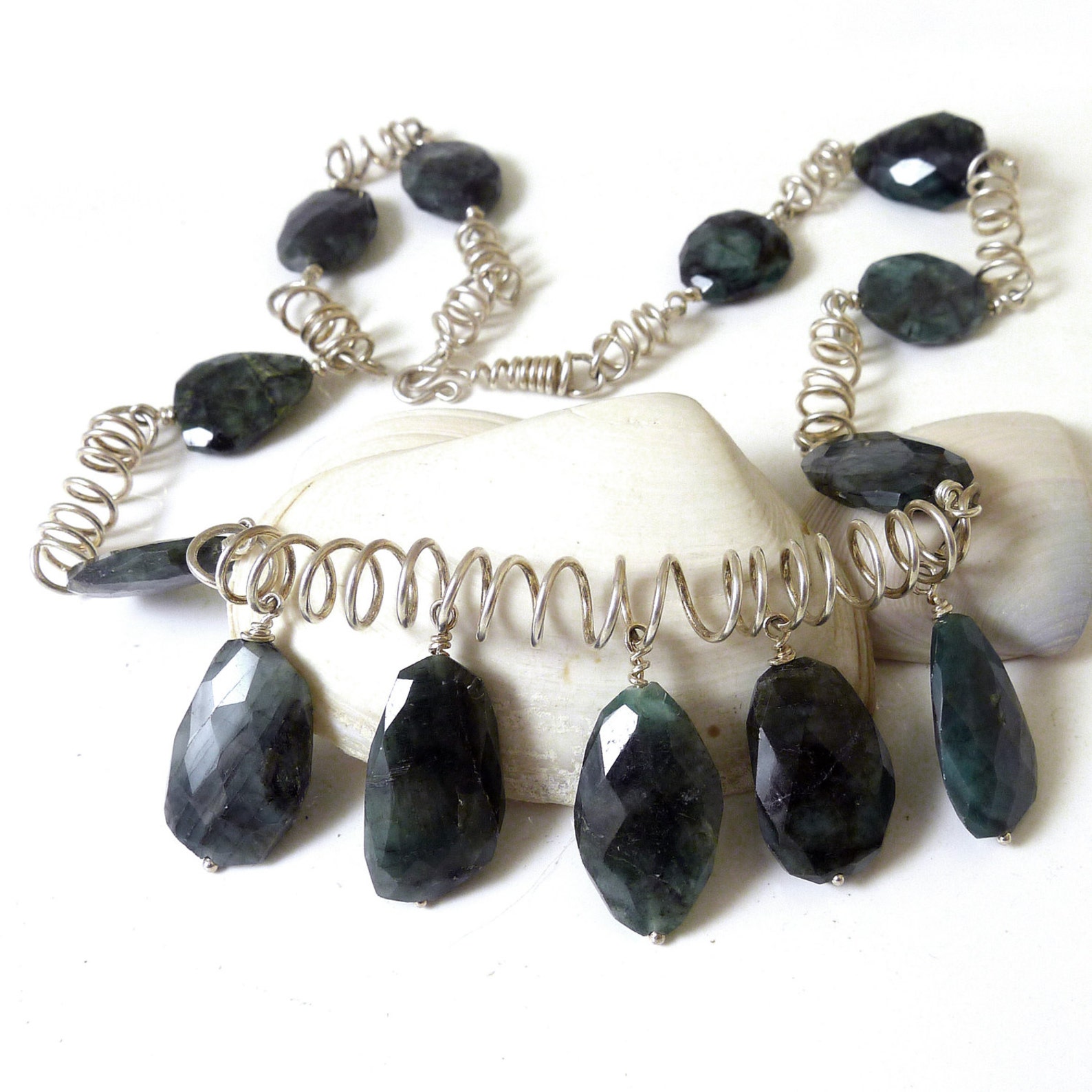 Emerald and Sterling Silver Coil Necklace Etsy