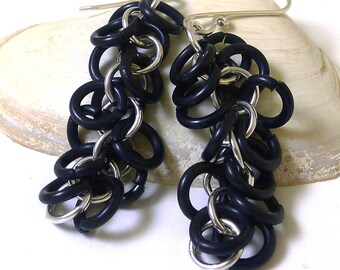 Sterling Silver and Black Aluminium Shaggy Chainmaille Earrings