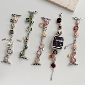 Handmade Vintage Style Watch Band Compatible with Apple Watch,Charm Bracelet Design, Gorgeous Retro Band Strap with Floral,Gem,Pear Accents