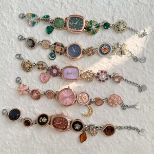 Vintage Watch Bracelet,Button Bead Dainty Watch Bracelets,Cute Wrist Watch for Women Uinique,Moon,Star,Floral,Gemstone Charms Bracelets
