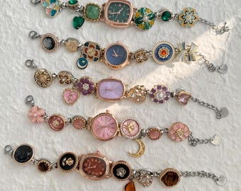 Vintage Watch Bracelet,Button Bead Dainty Watch Bracelets,Cute Wrist Watch for Women Uinique,Moon,Star,Floral,Gemstone Charms Bracelets