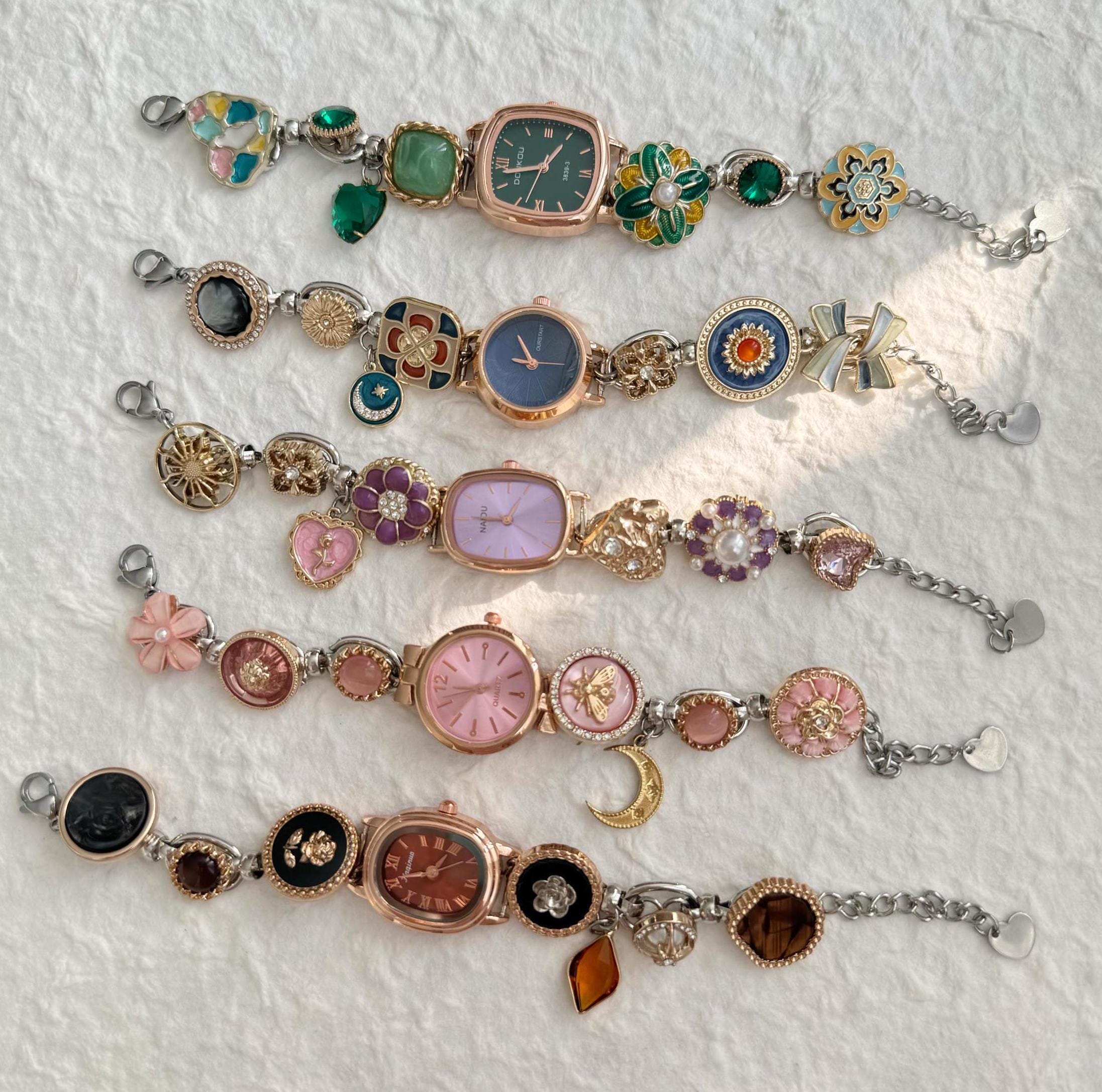 Vintage Watch Bracelet,Button Bead Dainty Watch Bracelets,Cute Wrist Watch for Women Uinique,Moon,Star,Floral,Gemstone Charms Bracelets