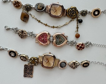 Vintage Button Watch Bracelet,Boho Chic Watch Face Bracelet,Handcrafted,Retro Golden Clock Jewelry,Grunge Jewelry,Timeless Bracelet Design