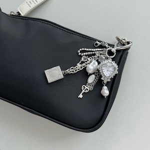 Heart Watch Bag Charm Silver Purse Chain with Key & Book Charm,Pearl Goth Y2K Aesthetic,Unique Clock Pendant,Vintage Style Handbag Accessory