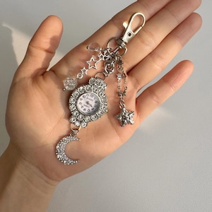 Moon & Star rhinestone Bag Charm Watch, Silver Celestial Purse Pendant with Real Clock,Cute Kawaii Keychain Gift,Sparkly Starry Accessory