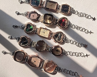 Vintage watch bracelet,chunky watch face bracelet,punk y2k chain bracelet,retro golden clock jewelry,grunge jewelry,women&#39;s watch gift