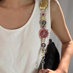 Buttons and watch bag chain,gothic clock bag strap,red Y2K stainless steel purse accessory,punk pants chain,vintage clip chain bag,gift idea