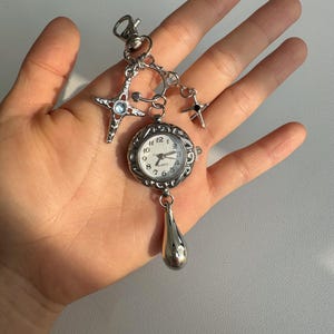 Watch Keychain for Pants or Bag – Teardrop Clock Charm with Star & Cross –Handmade Punk Clip Accessory –Grunge Y2K Aesthetic Gift for her