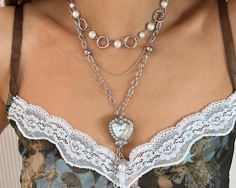 Layered chain watch necklace,clock necklace set,gothic jewelry set,white pearl chain,grunge,fairycore,elegant jewelry,valentine&#39;s day gifts