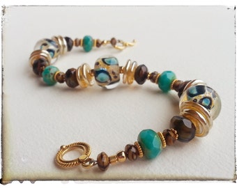 UNTAMED - Artisan Lampwork Glass Beads and 24K Vermeil Gold Bracelet and Earrings Set Ensemble