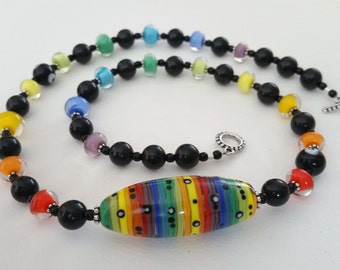 SPECTRUM - Artisan Lampwork Glass Bead Necklace in Rainbow and Black