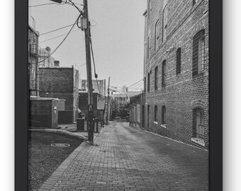 May include: A black and white photograph of a narrow brick alleyway with a brick building on the right side of the image. The alleyway is paved with brick and leads to a brick building in the distance.