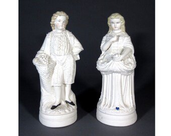 Paar von alten Bisquit-Porzellan-Figuren Statuen Trauben und Früchten 18tes Jahrhundert Kostüme