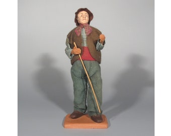 Vintage French Terracotta Dressed Old Man Peasant Articulated Santon Provence, Signed Carbonel