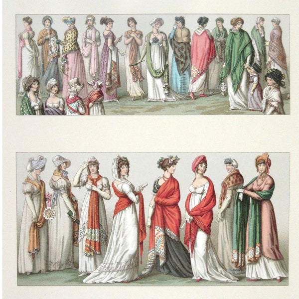 Antique French Lithograph, Woman Women Fashion 18th and 19th Centuries Costumes in France, By Albert Racinet, 1888