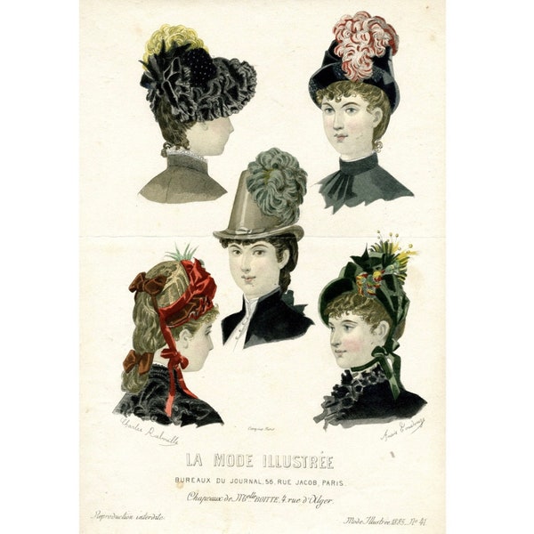 Antique French Fashion Print, Costume, Woman, Chapeaux, Hats, La Mode Illustrée, Paris, France, 1885