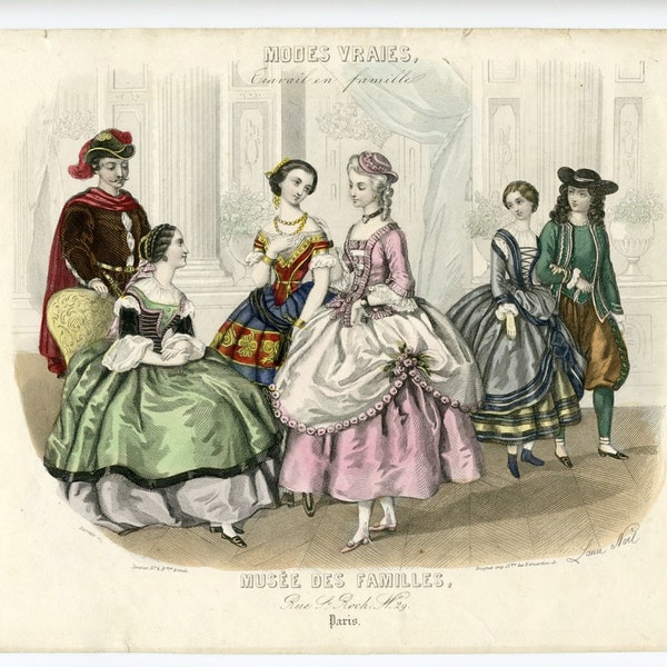 Antique French Lithograph, “Modes Vraies”, Fashion, Costume, Woman Artist, Paris, France, 1857