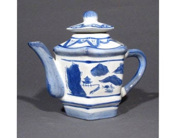 Vintage Chinese Hexagonal Blue and White Teapot Decorative Ceramic, Pagoda Shape