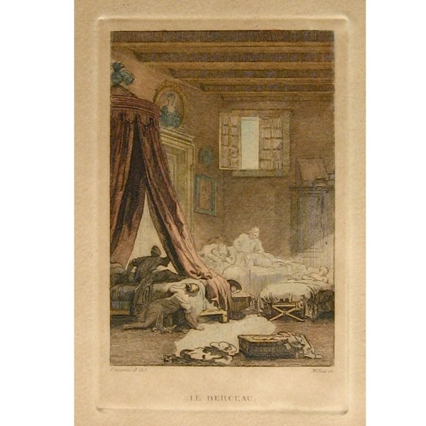 Antique French Print “Le Berceau” (The Cradle) by Milius after Fragonard, for the “Contes et Nouvelles” of  La Fontaine, 19th century