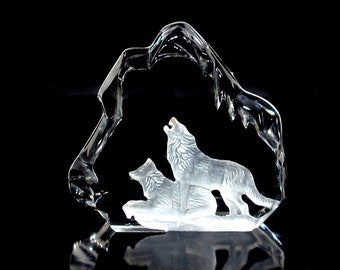 Vintage Engraved Frosted Glass Crystal Paperweight, Wolf, Iceberg, Ice