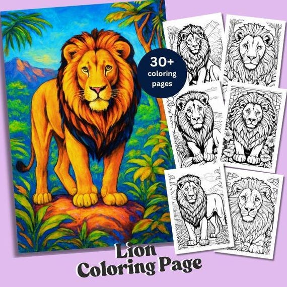 Lion Coloring Page PDF Download, Detailed Safari Animal Art for Kids and Adults, Fun Educational Activity for Birthday or Holiday Gift