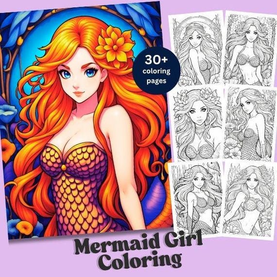 Mermaid Coloring Pages, Fantasy Coloring Sheets for Adults, Stress Relief Art Gift