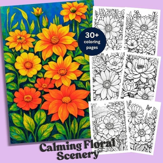 Coloring Page Flower Bundle, Intricate Floral Designs for Relaxation and Creativity, Perfect Adult Coloring Gift