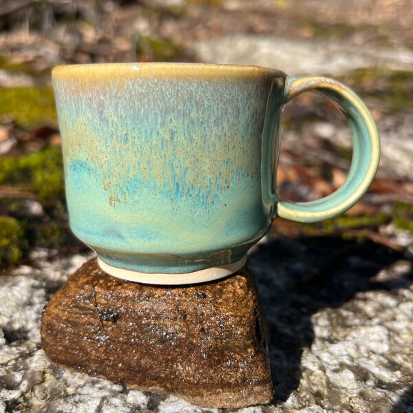 Handmade 6oz ceramic mug, cortado, doppio, espresso, food-safe, pottery, wheel-thrown bowl, beachy glaze, turquoise, sandy, made in Maine
