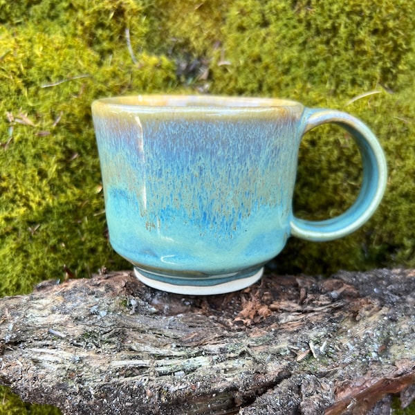 Handmade 6oz ceramic mug, cortado, doppio, espresso, food-safe, pottery, wheel-thrown bowl, beachy glaze, turquoise, sandy, made in Maine