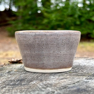 May include: A small, gray ceramic bowl with a white rim. The bowl is sitting on a wooden surface.