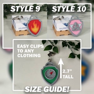 May include: Two different styles of Paw Patrol character badge clips. The first clip is red with a flame design and the second clip is pink with a propeller design. Both clips are 2.7 inches tall and have a clip on the back for easy attachment to clothing.