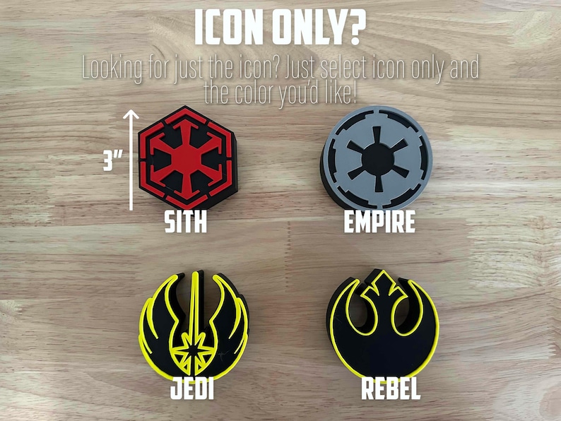 Peut inclure: Quatre ic&ocirc;nes diff&eacute;rentes sur le th&egrave;me de Star Wars, chacune avec un sch&eacute;ma de couleurs diff&eacute;rent. Les ic&ocirc;nes sont pour les factions Sith, Empire, Jedi et Rebel. Les ic&ocirc;nes mesurent 7,6 cm de diam&egrave;tre.