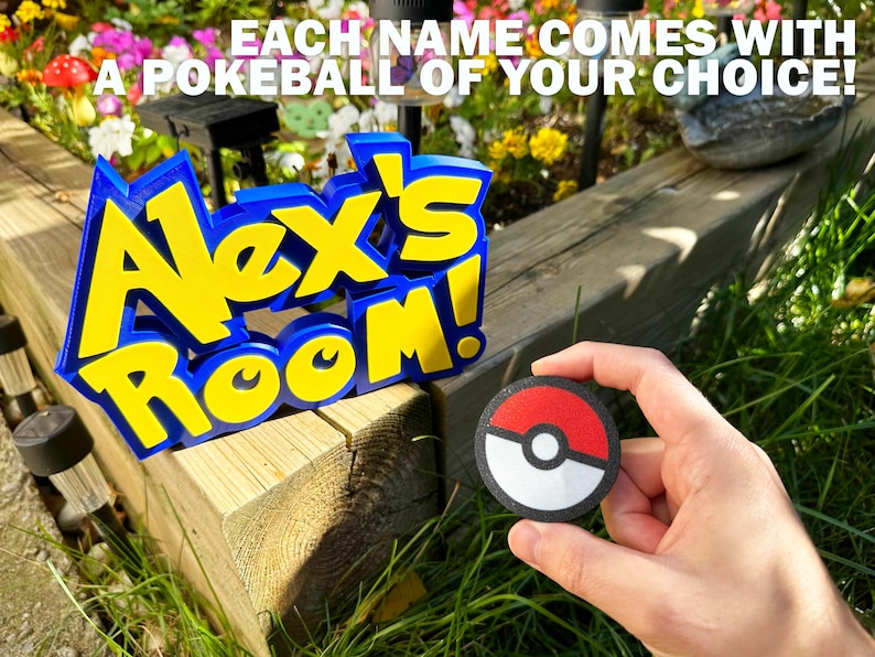 May include: A blue and yellow "Alex's Room" sign with a matching Pokeball. The sign is 3D and sits on a wooden surface. The text "EACH NAME COMES WITH A POKE BALL OF YOUR CHOICE!" is above the sign.
