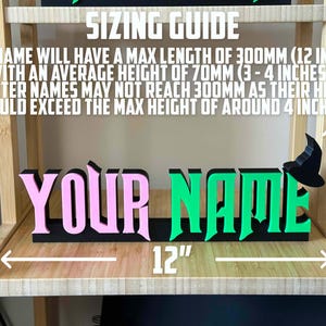 May include: A black sign with the words "YOUR NAME" in pink and green letters. The sign is 12 inches long and 4 inches tall. The sign is on a wooden shelf.