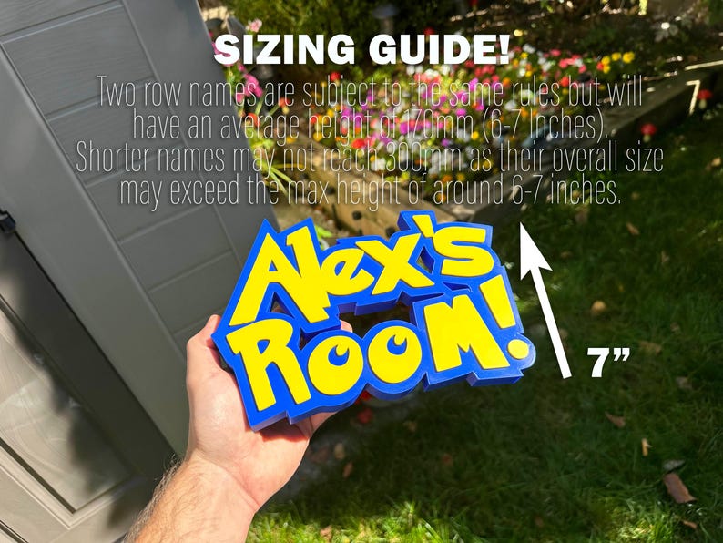 May include: A blue and yellow sign that reads "Alex's Room!" The sign is approximately 17.8 cm tall. The image also includes text that reads "SIZING GUIDE!" and provides sizing information.