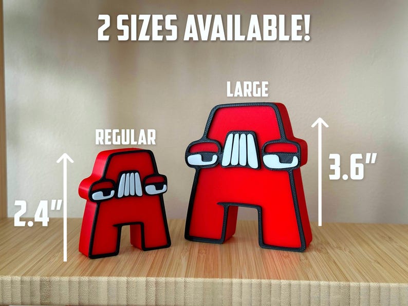 May include: Two red 3D printed figures with angry expressions. The figure on the left is labeled "Regular" and measures 2.4 inches tall. The figure on the right is labeled "Large" and measures 3.6 inches tall. 2 SIZES AVAILABLE!