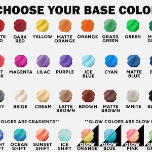 Puede incluir: Una carta de colores que muestra 25 colores de pintura diferentes. Los colores est&aacute;n dispuestos en filas y columnas. Los colores incluyen rojo, naranja, amarillo, verde, azul, morado, rosa, marr&oacute;n, negro, blanco, gris, beige, crema y m&aacute;s. La carta tambi&eacute;n incluye una nota que dice "Shift Colors are Gradients" y "Glow Colors are Glow in the Dark".
