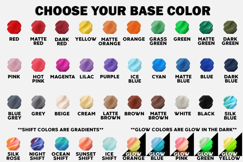 Puede incluir: Una carta de colores que muestra 25 colores de pintura diferentes. Los colores est&aacute;n dispuestos en filas y columnas. Los colores incluyen rojo, naranja, amarillo, verde, azul, morado, rosa, marr&oacute;n, negro, blanco, gris, beige, crema y m&aacute;s. La carta tambi&eacute;n incluye una nota que dice "Shift Colors are Gradients" y "Glow Colors are Glow in the Dark".