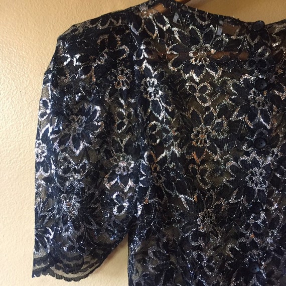 Vtg 70s Black & Silver Lace puff sleeve blouse - image 2