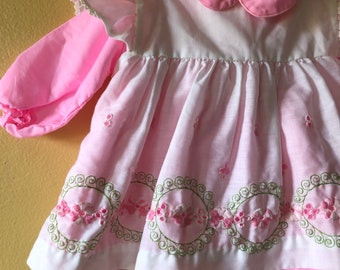 Vtg 1970s Baby Embroidered Apron Dress // pink