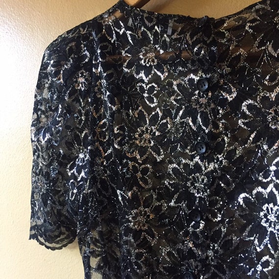 Vtg 70s Black & Silver Lace puff sleeve blouse - image 4