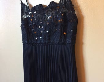 Vtg Black Sequin Crinkle Pleated Party Dress